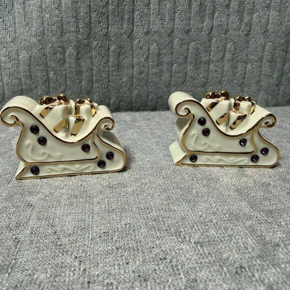 Lenox Christmas Sleigh Salt Pepper Shakers Purple Crystals Bone China NEW - Picture 3 of 7